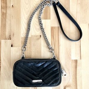 Rebecca Minkoff Double Zip Black Leather Crossbody Bag Chain Strap